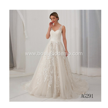 Fashion Lace Embroidered Bride Gown Bondage Low Back White gaun pengantin wedding dress white